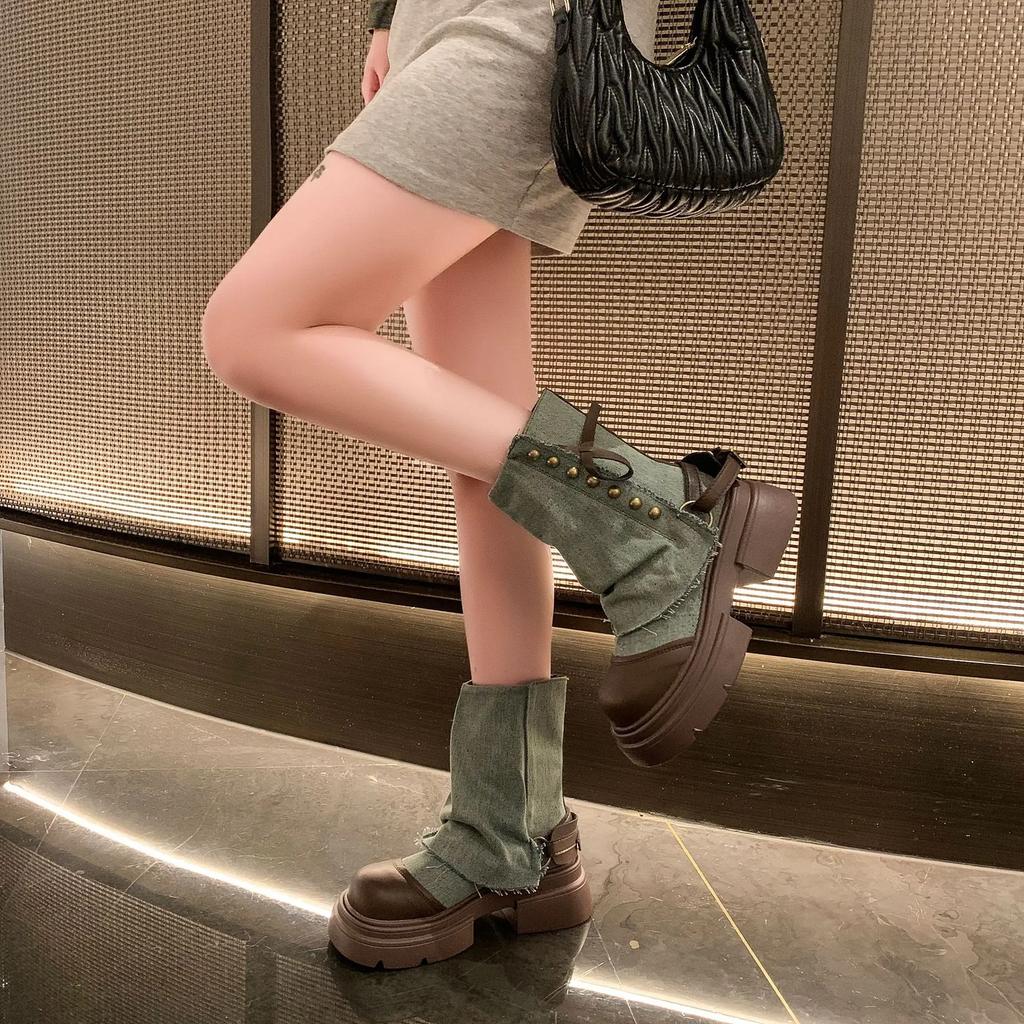 Women Boots British Pants Leg Boots New Thick Soled Rivet Zipper Belt Buckle Platform Anti Slip Cowboy Short Boots