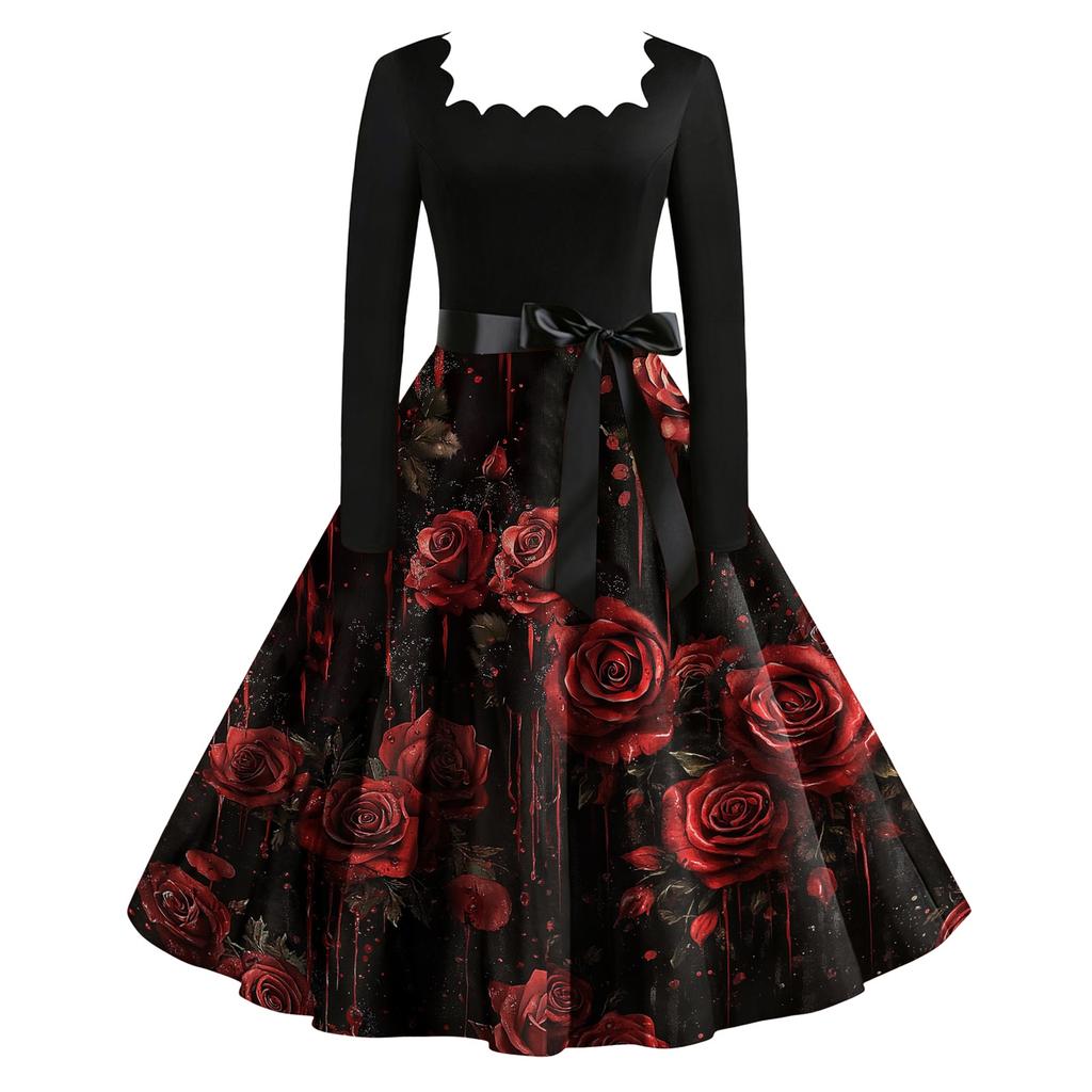 Women Vintage Long Sleeve Square Neck Halloween Print Party Dress Retro Style Full Skirt with Waist Tie Belt