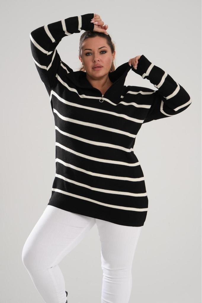 Women's Big Size Blouse Black Zipper Collar Black Striped Knitted Knitwear Plus Size Blouse