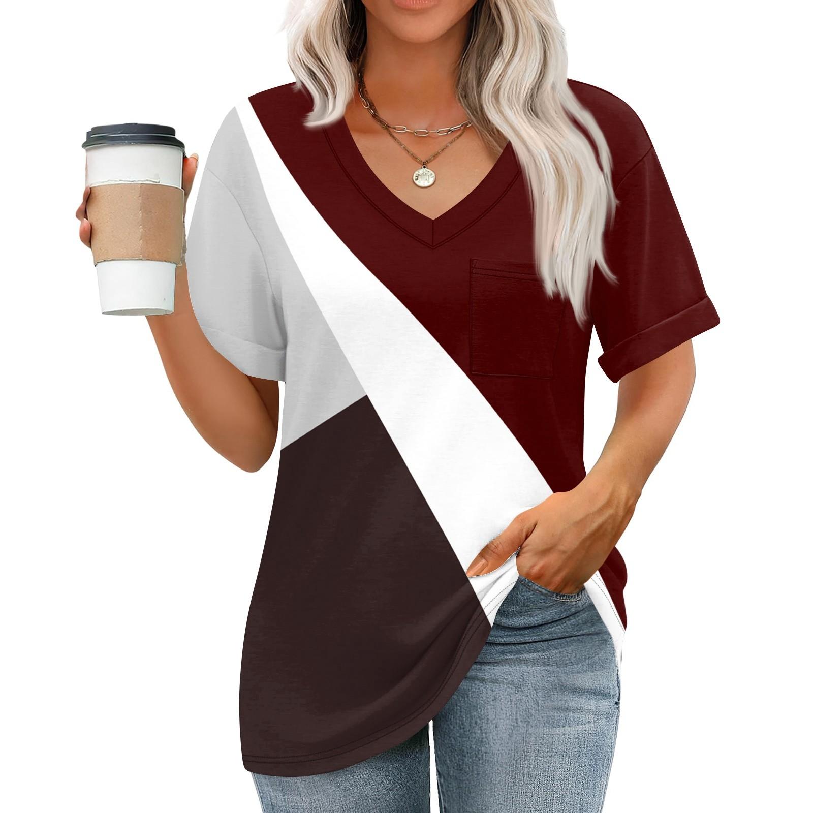 

Женские топы с V-образным вырезом и коротким рукавом Блузки Повседневные модные принты Туники Топы с карманами XL винный