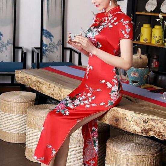 Women Dress Chinese National Style Floral Print Stand Collar Short Sleeves High Side Split Chinese Knot Buttons Cheongsam Satin Silky Slim Fit Summer