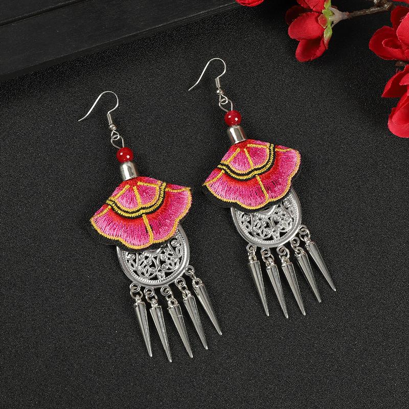 Yunnan embroidered fabric earrings long fringed personalized earrings Chinese retro Miao silver earrings women