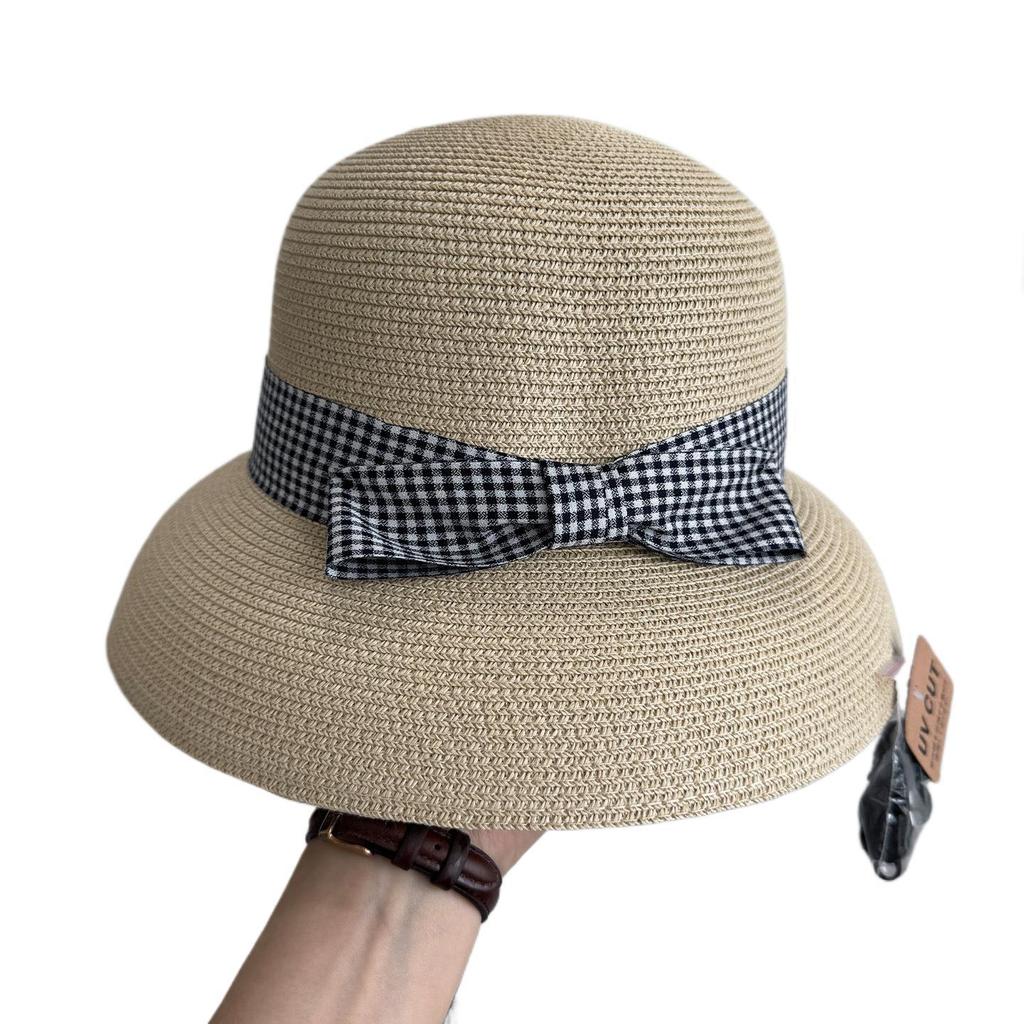 French bow bell straw hat women's beach sun hat small holiday sun hat