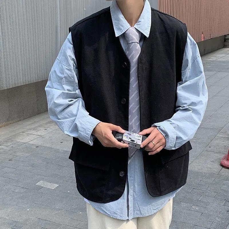 Pánská bezrukávová vesta Trendy kardiganová bunda Hongkongský styl Retro vesta Všestranná jednobarevná vesta