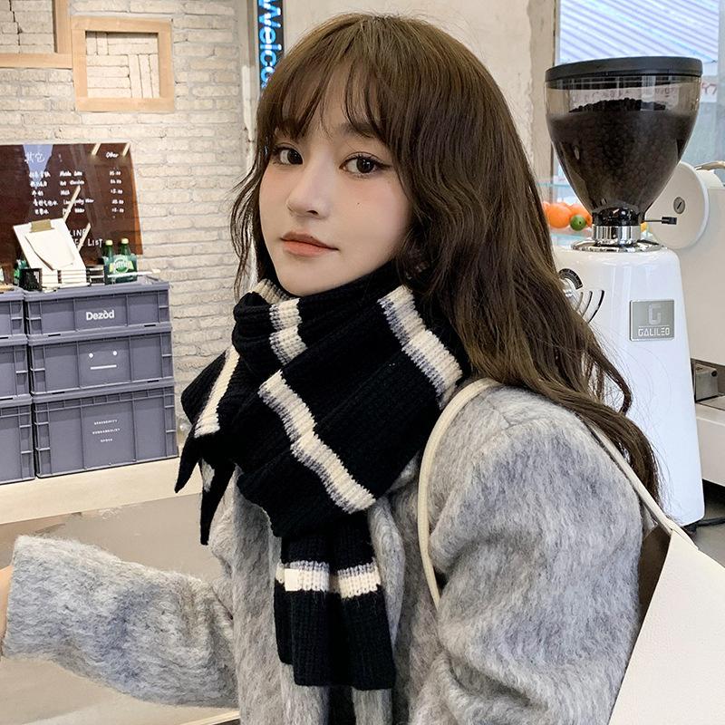 Winter Warm Fashion Striped Scarf Women Knitted Scarf Windproof Neck Cover Thermal Neck Warmer Shawl Wrap Thicken Long Scarves 170cm