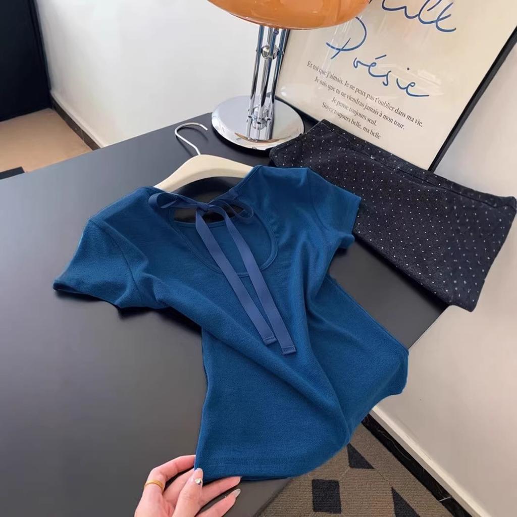Pure desire Spice Girl short front shoulder T-shirt women's summer design sense niche slim and thin hollow straps short-sleeved top