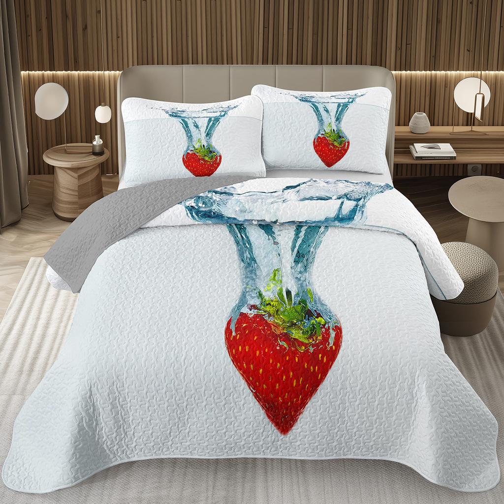 Strawberry Bedspread Kawaii Fruit Coverlet Twin King Size Cute Strawberries Quilt Set For Kids Girls Teens Adult Bedroom Decor