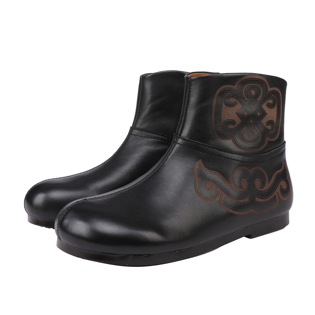 Johnature Genuine Leather Retro Flat Short Boots Side Zipper Soft Cowhide Versatile Women's Shoes