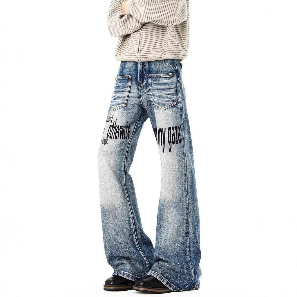 JYL Men's Bootcut Jeans Cartoon Embroidered Winter American Vintage Loose Wide-Leg Denim