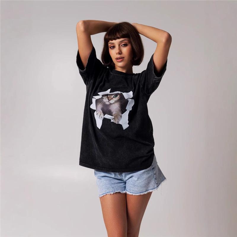 

Vintage Black Cartoon Print Oversized Loose Kitten Top XXL мити чорний колір