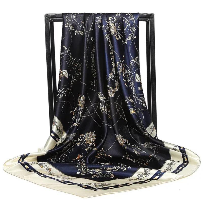 90*90Cm Satin Scarf For Women Cashew Flower Print Chain Scarf Spring And Summer  Style Shawl Scarf For Women   Style