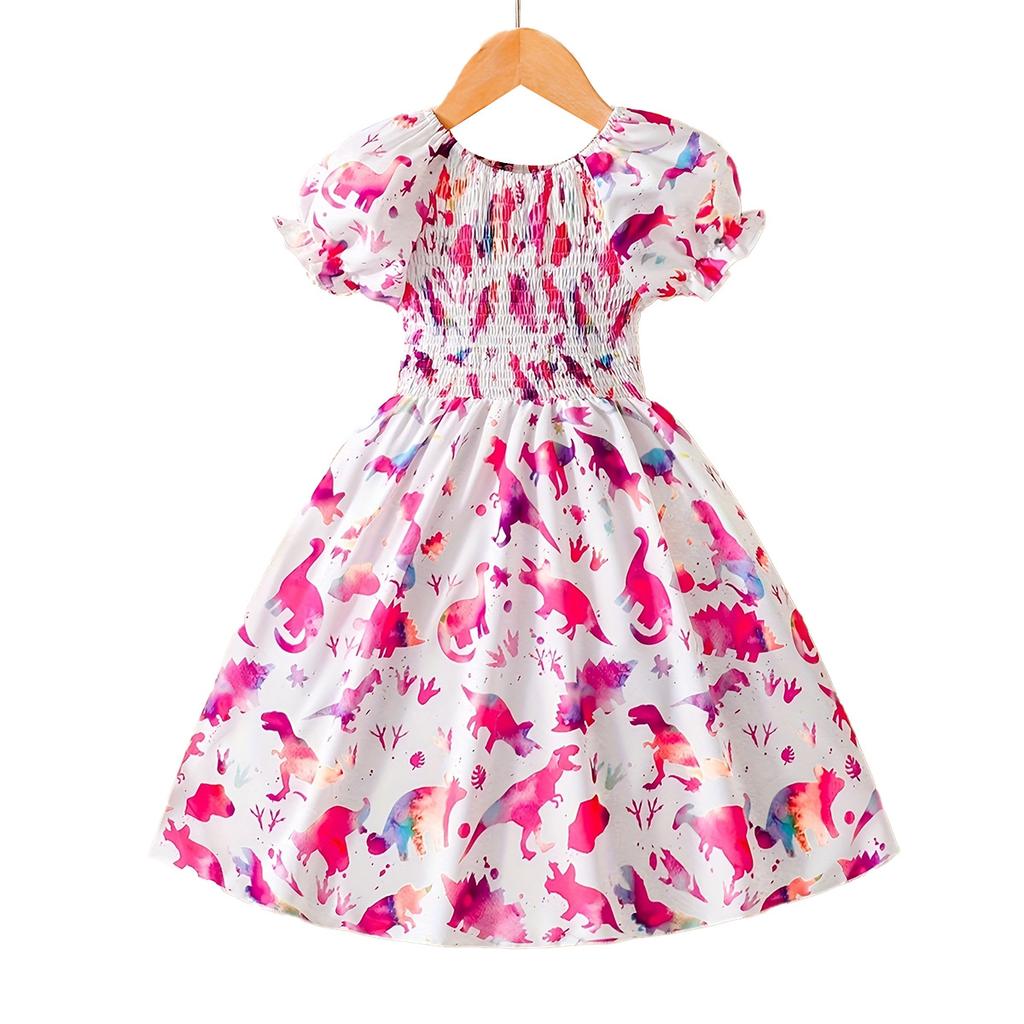 Girls' Waisted Cartoon Dinosaur Print Dress Summer Fashion Dress for Children