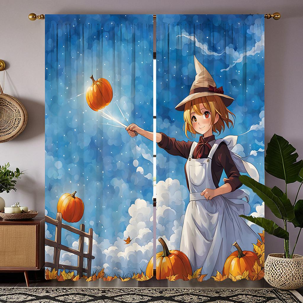 2 Stück Set HD Thanksgiving blauer Himmel unter Teen Kürbis dekorativer Vorhang Blaue Krawatte digital bedruckter Vorhang Heimdekoration Stil