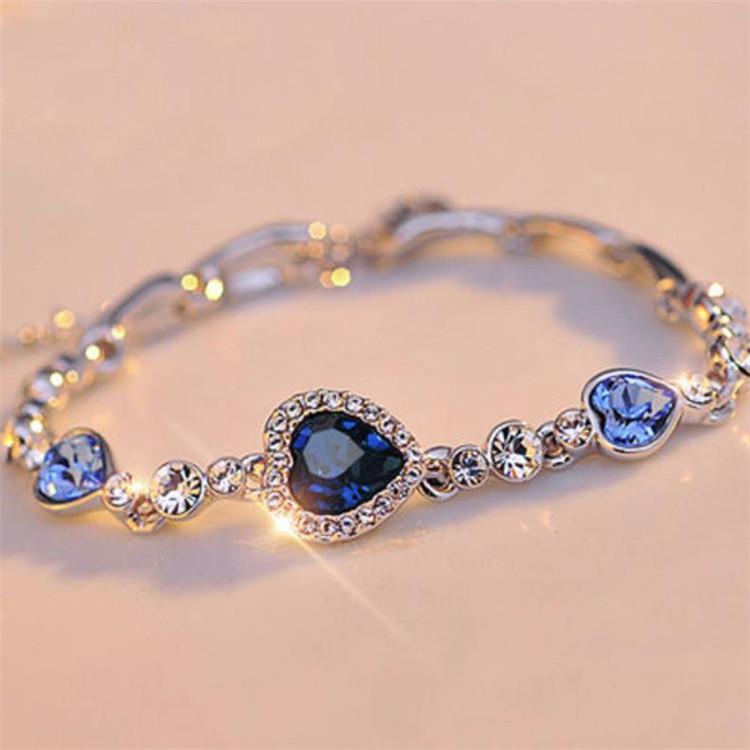 Women Ocean Blue Crystal Rhinestone Heart Bangle Bracelet