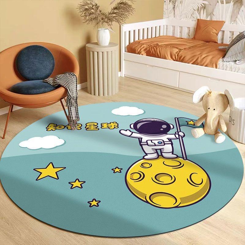 Round Cartoon Space Astronaut Pattern Carpet Soft Rug For Kids Room Bedroom Study Area Home Decor Children Students Use