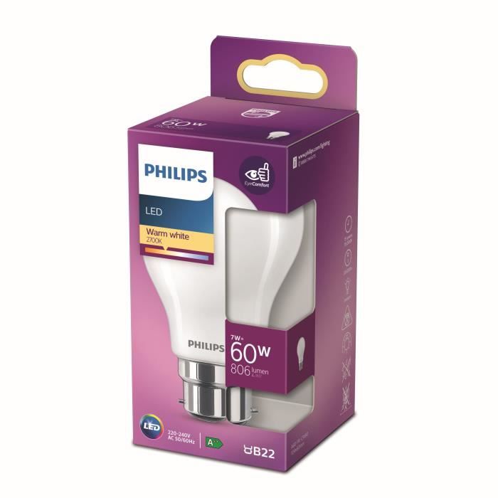Philips Ampoule LED Equivalent 60W B22 Blanc Chaud Non Dimmable, Verre