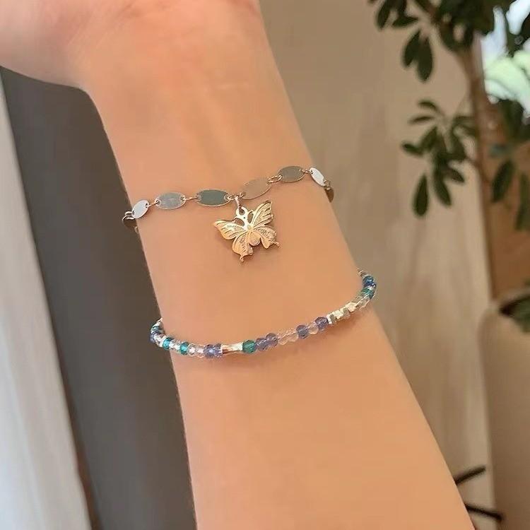 Stylish Double Layer Butterfly Bracelet For Women With Blue Crystal Beads