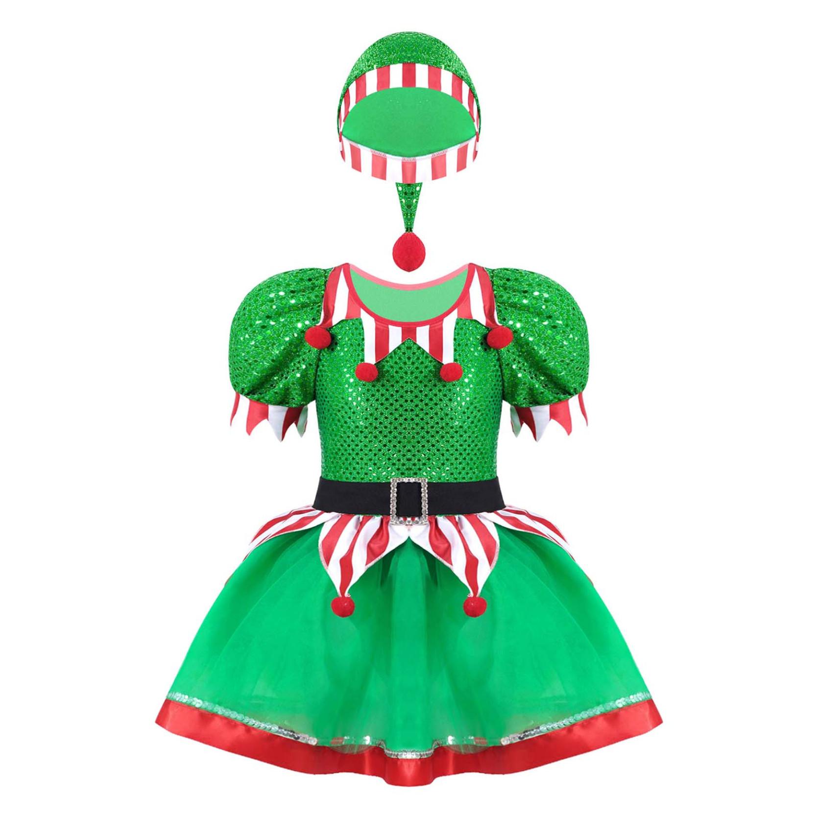 

Детский Рождественский карнавальный костюм эльфа для девочек, праздничное платье, наряд, сетчатое платье-пачка с блестками и шляпой 5-6 Years зелёный