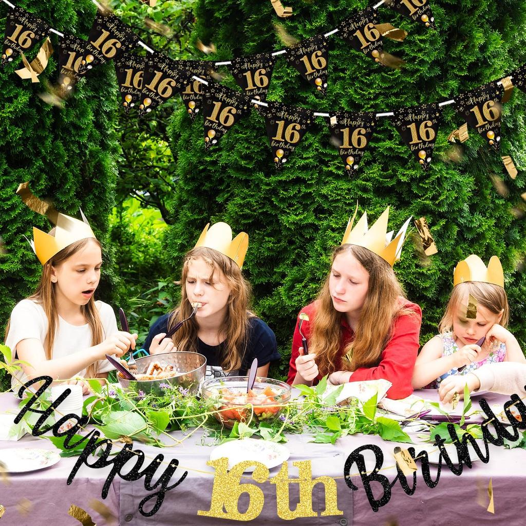 16th Birthday Decorations Banner Boys Girls, Black Gold Happy 16thBirthday Banners for Girls Boys (Birthday 16th)