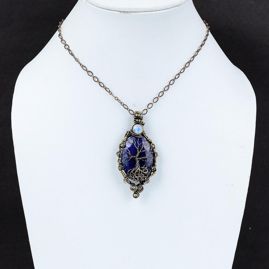Tree Of Life Faceted Blue Sapphire Pendant Copper Wire Wrapped Gemstone Pendant Rainbow Moonstone Pendant Handmade Jewelry Anniversary Gifts