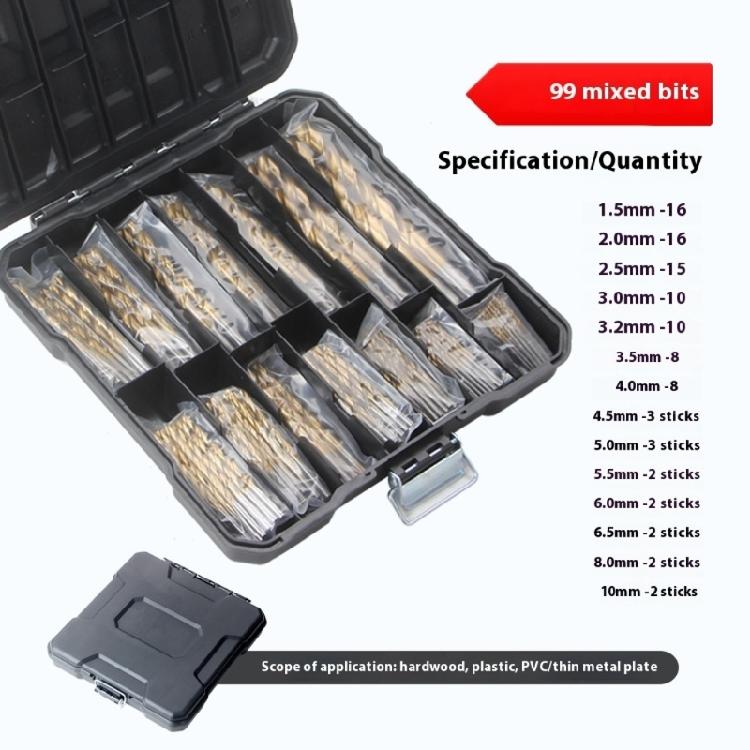 99PCS HSS Drill Bits Set 1.5mm-10mm Fit for Cast Iron Aluminum Wood Plastic In Heavy Duty Storage Tray Professional Use