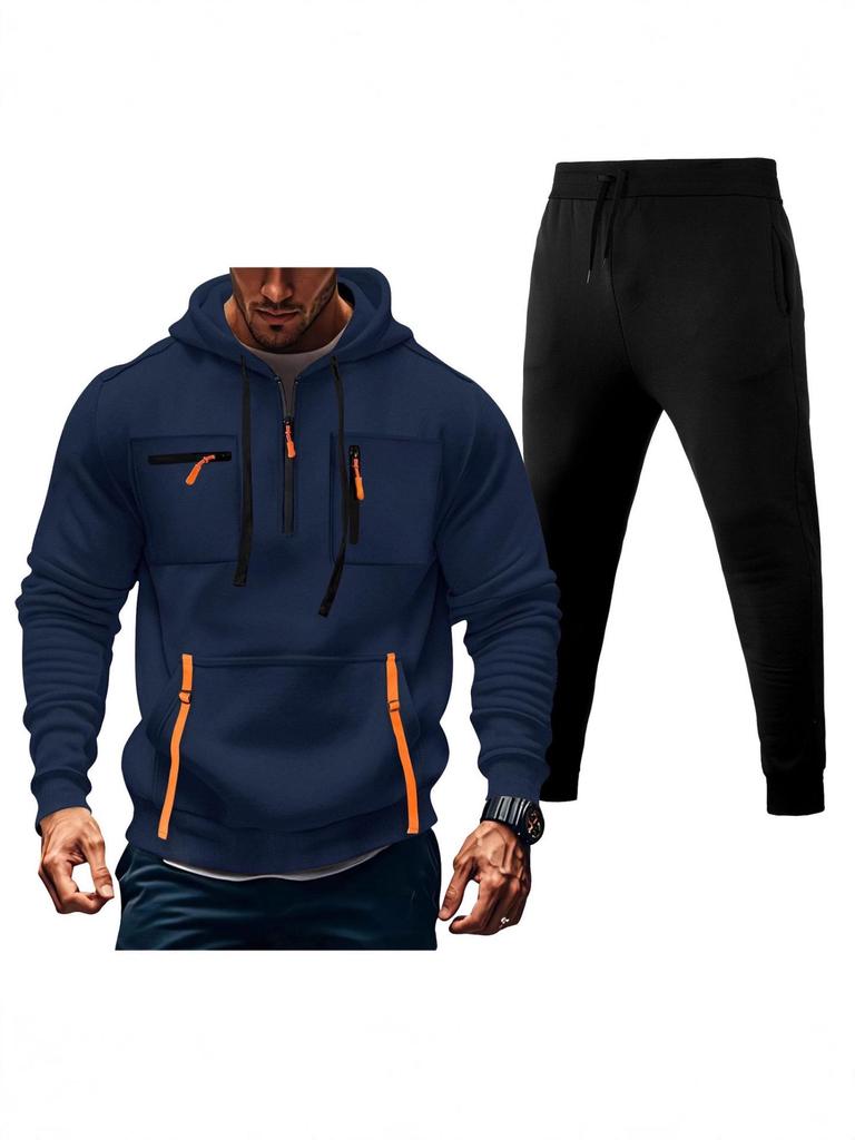 Men's Multi-Zipper Hoodie Sweatshirt & Sweatpants Set with Pockets
