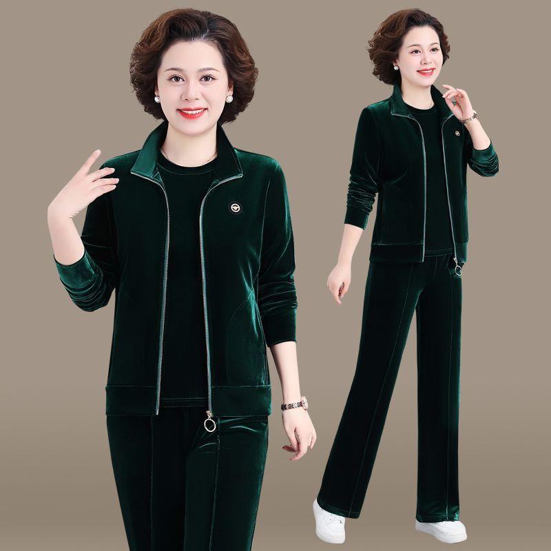 Loose Casual Wear Three-piece Golden Velvet Sports Suit Spring and Autumn Ladies Are Thin and Plus Size