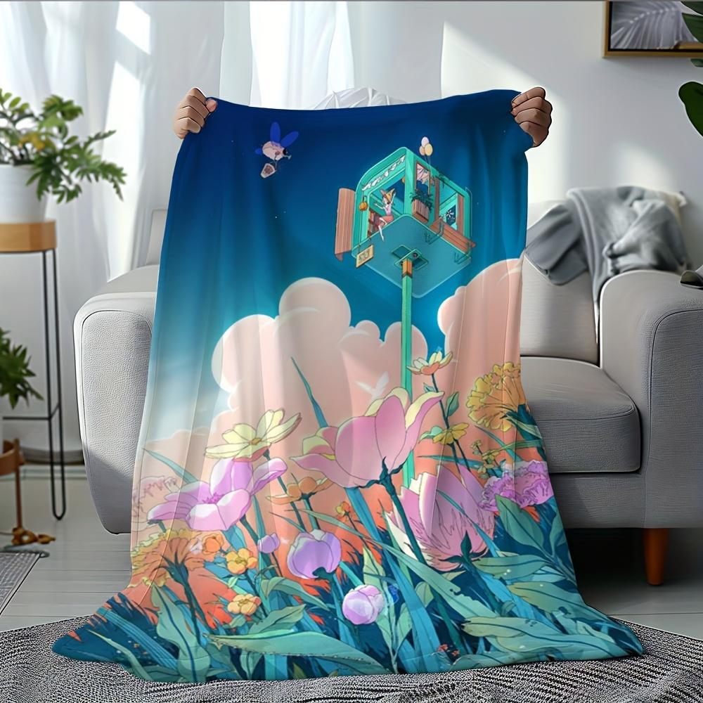 Floating House With Flowers And Clouds Pattern Fleece Blanket Cartoon Style Soft Warm Throw Interior Decoration Bedding Cover