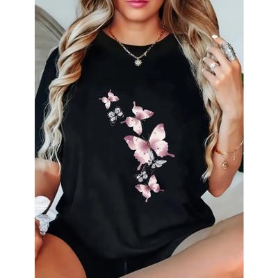 T-shirt z nadrukiem motyli Czarny Różowy Motyle Odzież codzienna Moda damska Top Letni strój Streetwear Modny Styl luźny