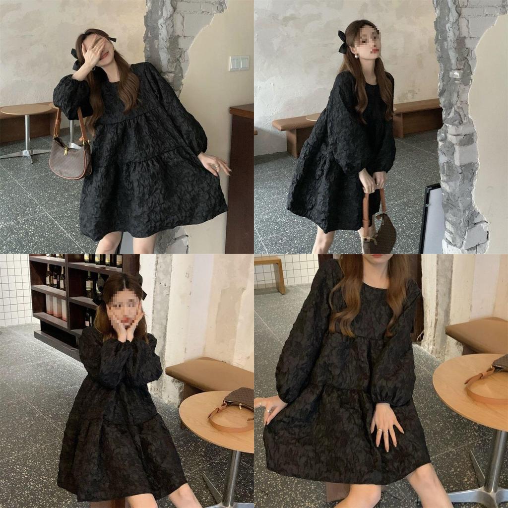 Vintage Spring Knit Dress For Women With Long Bubble Sleeves And Round Neck For Casual Wear
