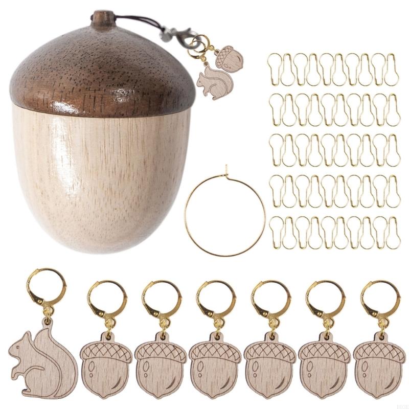 Wooden Acorn Animal Knitting Markers With Storage Box Locking Stitching Markers For Knitting Handmade Crochet Craft B03E