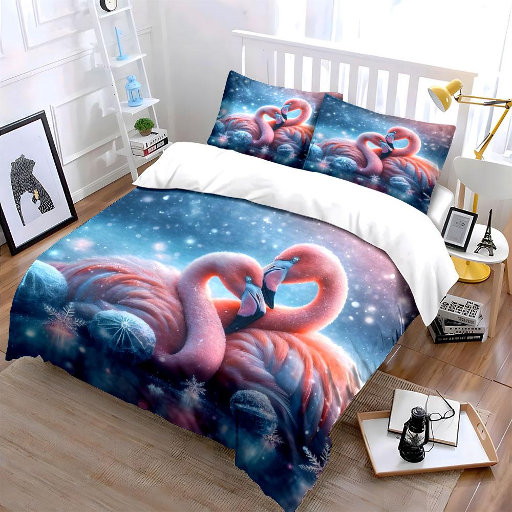 Romantic Pink Flamingos Winter Scene Duvet Cover Set With 3D Printing Design Soft Polyester Bedding Set All-Season Comfort