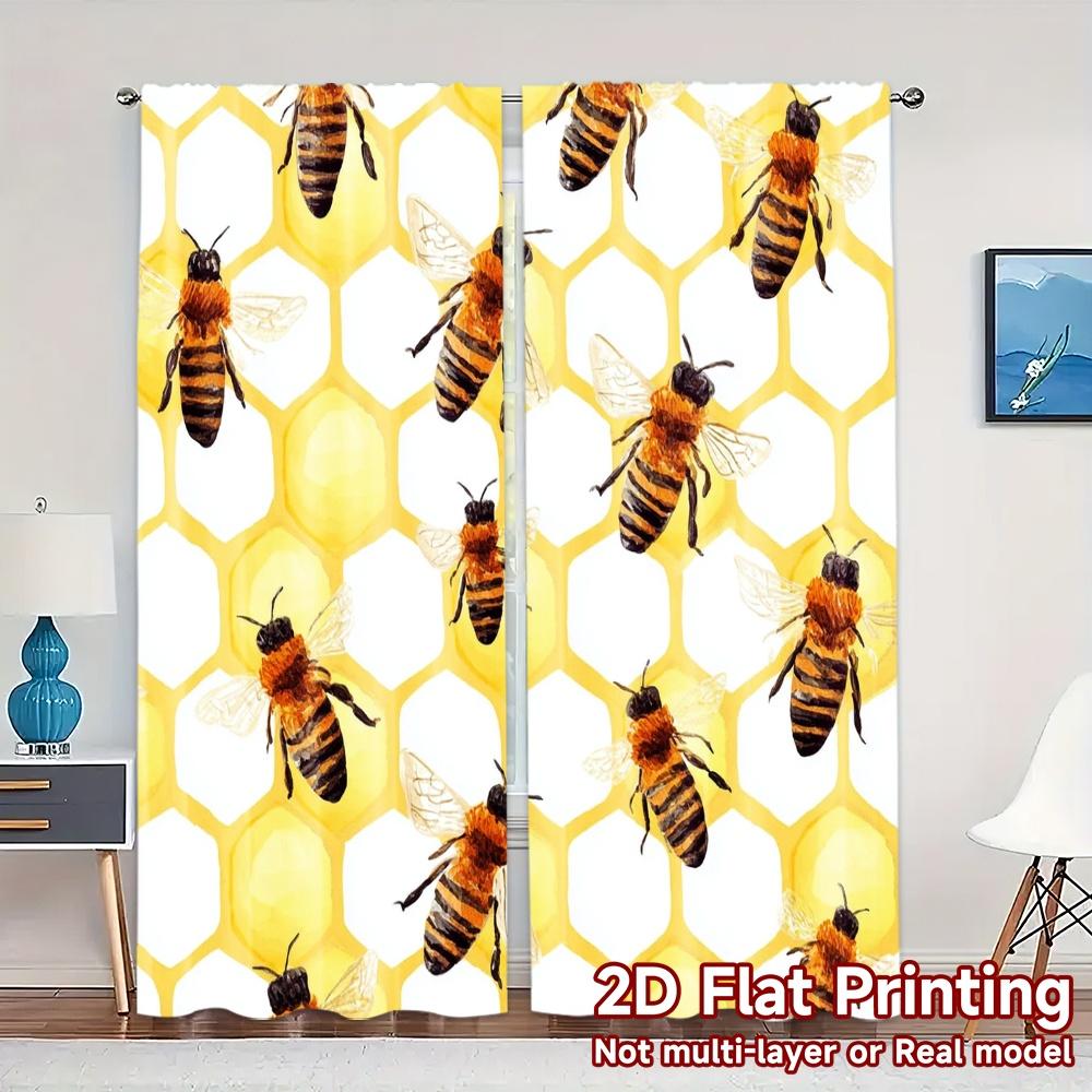 

Set Of 2 Minimalist Flat Printing Curtains Without Rod Beehivepattern Popular Polyester Easy Install Curtain W100*H70(CM)-Rod Pocket&1PCS