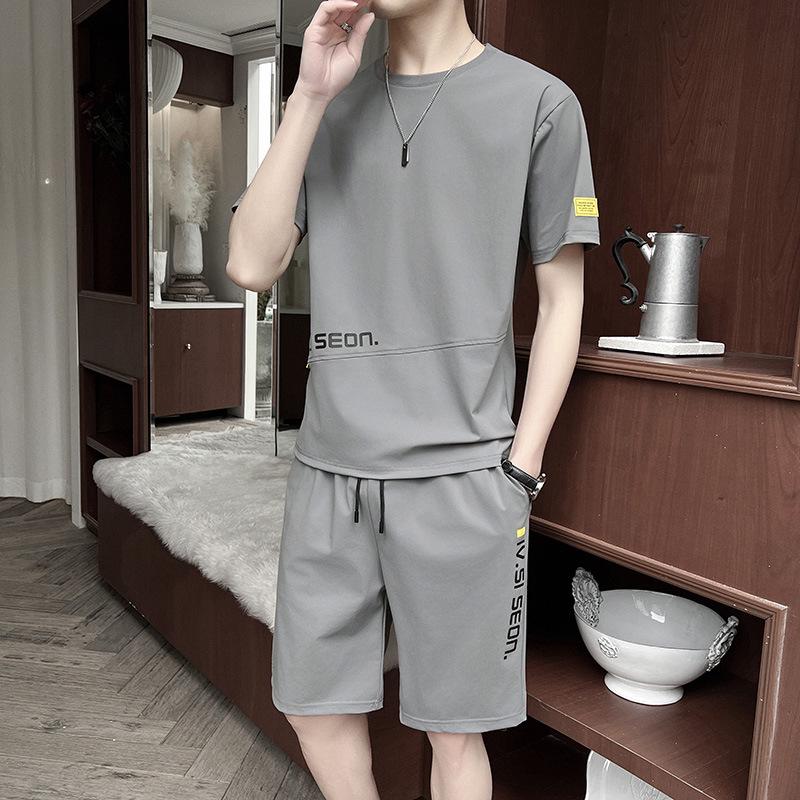 Ice Silk Men's Summer Sports Suit: Trendy Short Sleeve T-shirt & Shorts Set