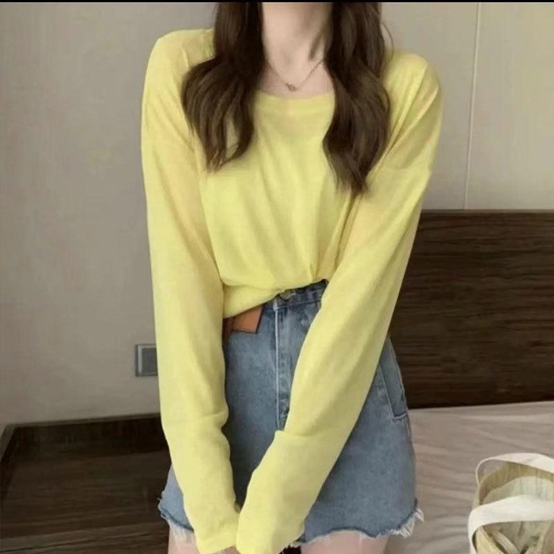 

Летняя корейская свободная блузка из ледяного шелка с длинными рукавами больших размеров - универсальная, легкая, ленивая футболка для женщин One Size (for 80-130 jin)