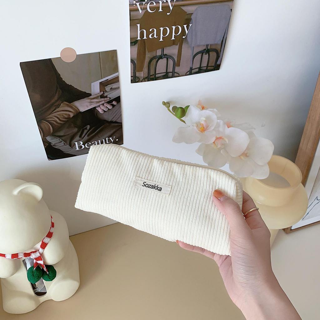Retro Corduroy Pencil Case - Simple, Solid Color Stationery Bag for High School Students