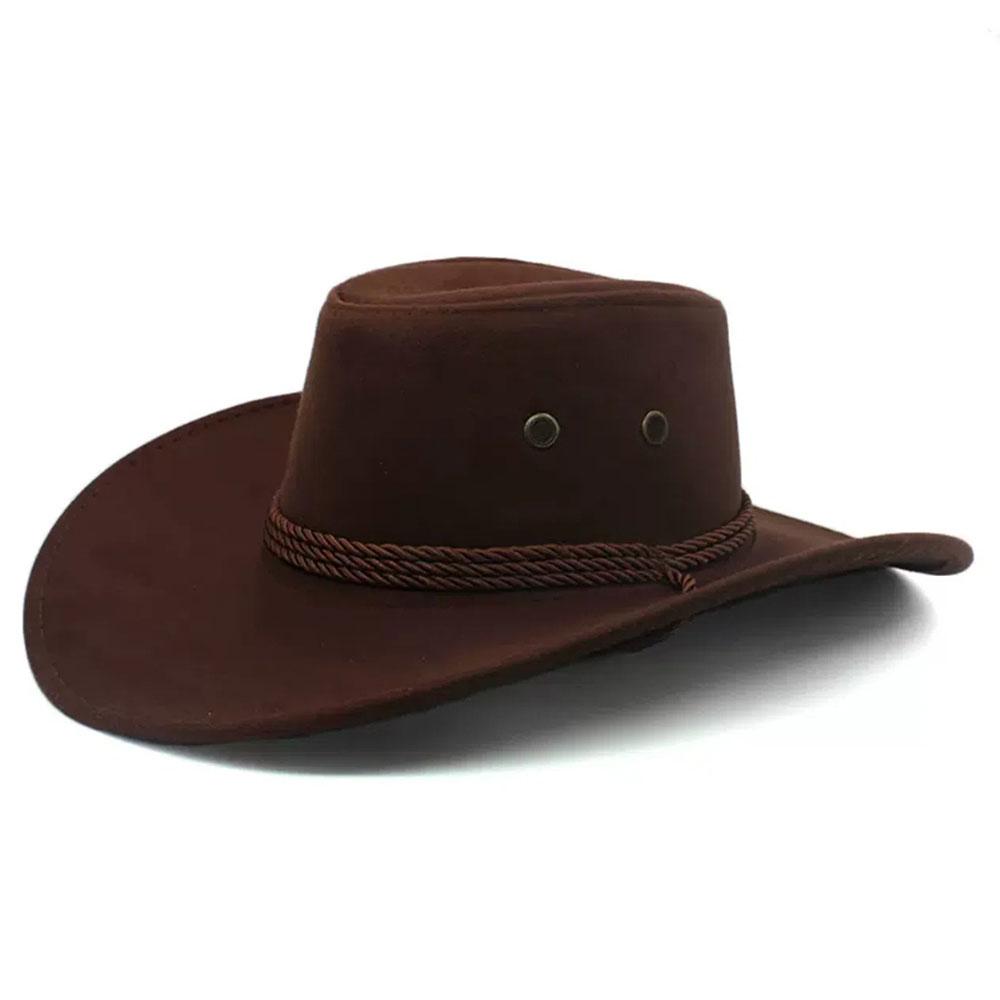 Vintage Suede Western Cowboy Hat Wide Brim Outdoor Travel Sun Hat With Braided Rope Band For Cowboy Costume Party Outdoor Wear