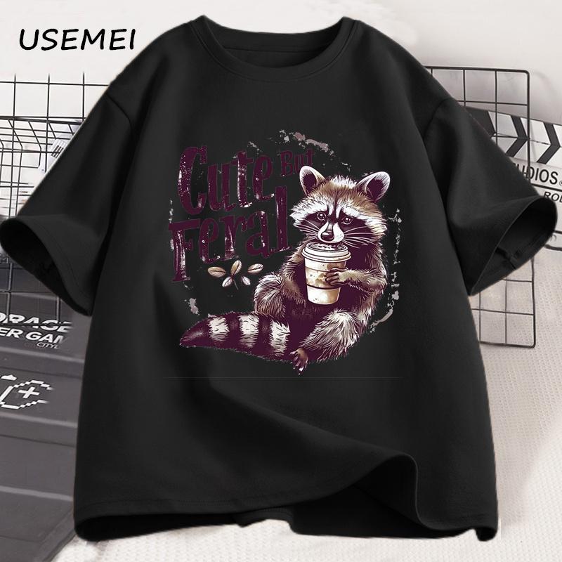 Cute But Feral T-shirts for Women Men Summer Funny Raccoon Adult Humor T Shirt Cotton Short Sleeve Vintage Designer Clothes