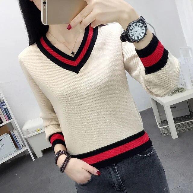 

Женский новый свитер с V-образным вырезом, осень-зима, новый короткий трикотажный топ с высокой талией, блузка с длинным рукавом, размер S-6XL 5XL абрикосовый