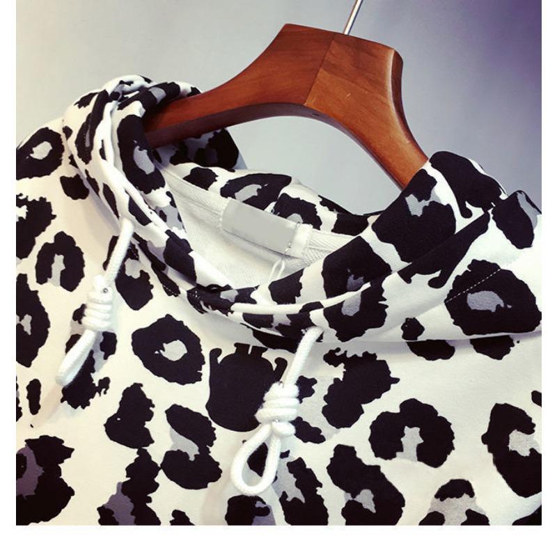 Damen Langarm Sweatshirt mit Leopardenmuster Frühling und Herbst Lockeres und Dünnes Oberteil mit Kordelzug in der Taille
