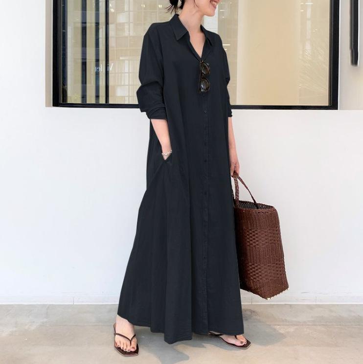 Women's Long Dress Stand Collar V-Neck Long Sleeve Maxi Dresses Loose Solid Color Button Daily Dress
