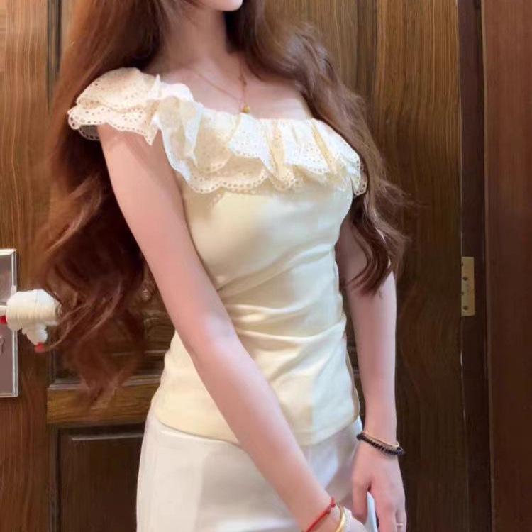 French Lace Ruffle Edge Slanted Shoulder Short Sleeve Women's Pure Desire Sexy Niche Off-the-shoulder Pleated Slim-fit Student Top