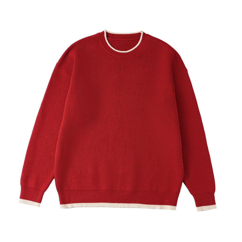 Korean Style Red Parent-Child Sweater: Women's Cardigan & Men's Round Neck Pullover