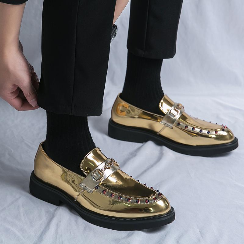 Fashion 2024Men's New Korean Edition Gold Shining Band Diamond Nightclub Party Trend Fashion Shoes Comfortable and Versatile Lefu Shoes