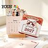 Daily Schedule Planner 2027 Flower Desk Calendar, English Tabletop Calendar with Wooden Base, Cute Stationery Gift Floral & Cat Decorative for Office