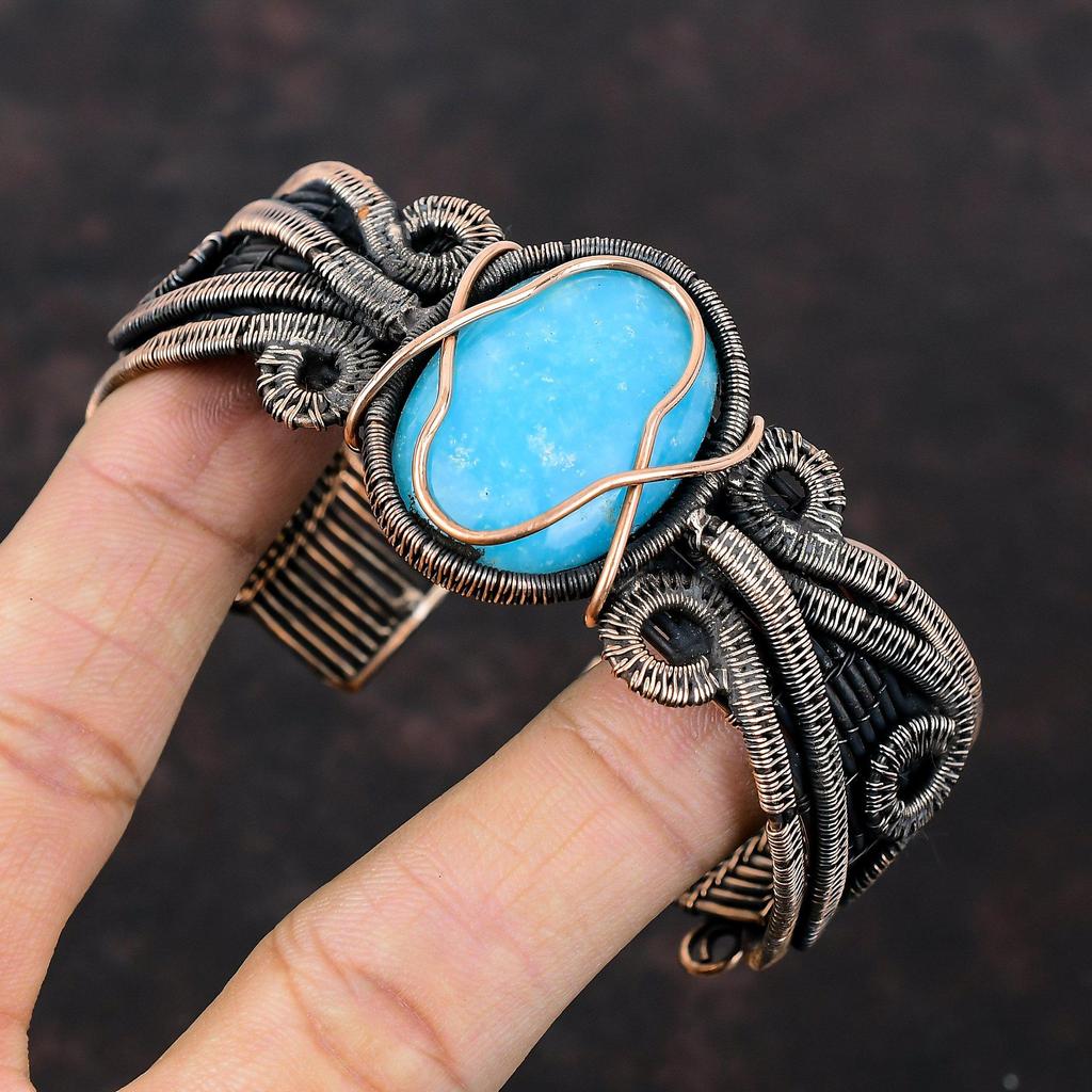 Smithsonite Copper Cuff Bracelet Copper Wire Wrapped Bangle Natural Gemstone Cuff Adjustable Bangle Handmade Copper Jewelry Anniversary Gift