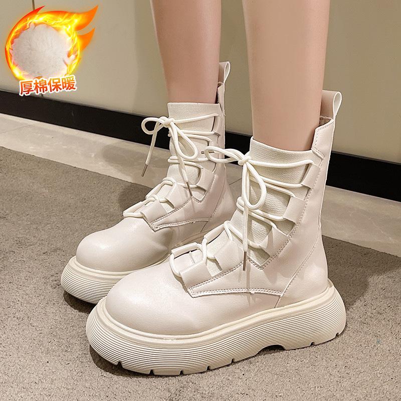 2025 new black knitted lace-up Martin boots women's 2025 new autumn short boots British wind locomotive short boots tide