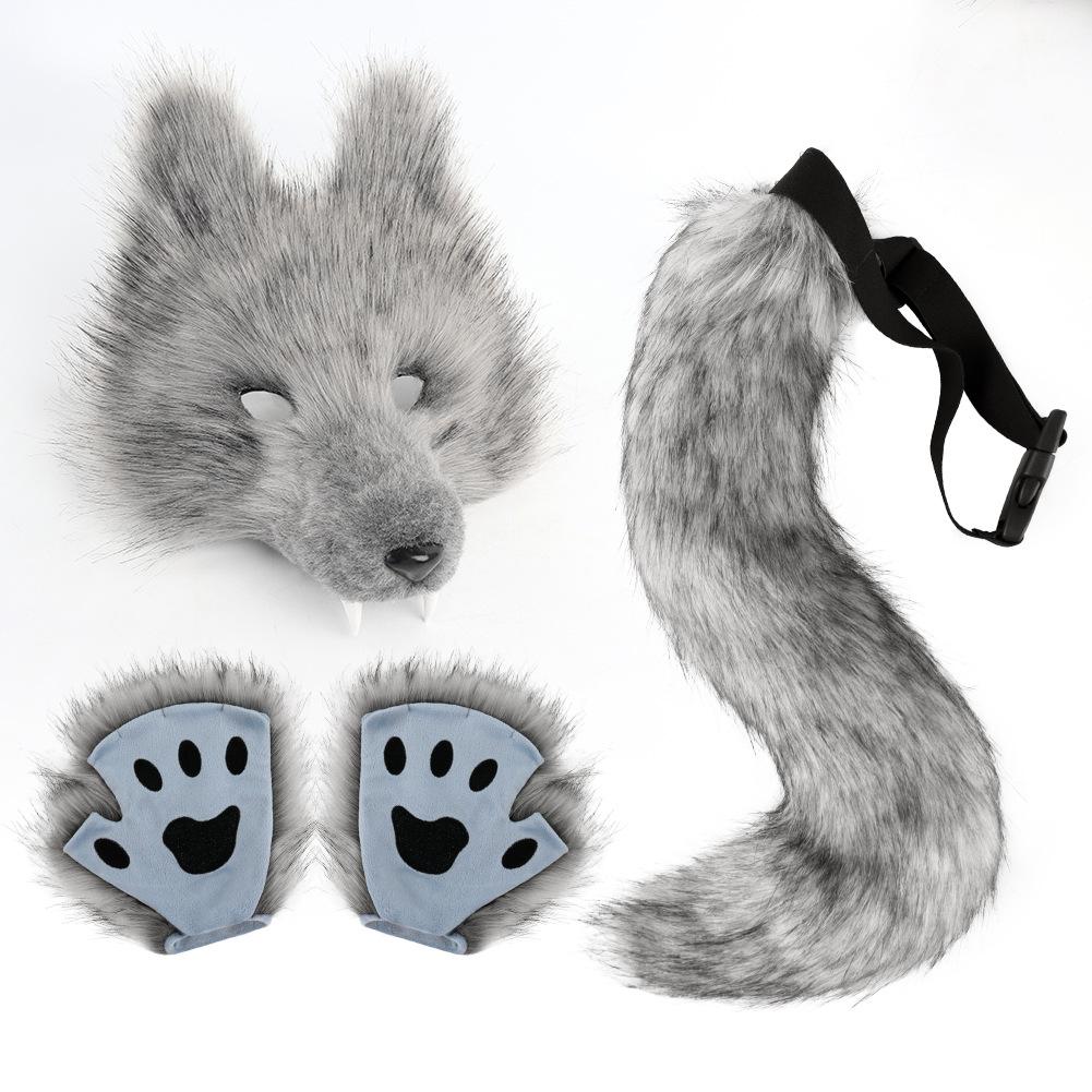 Simulated Wolf Mask Tail Paw Cosplay Costume Animal Wolf Tail Ears Paw Sets Accessories Halloween Party Costumes