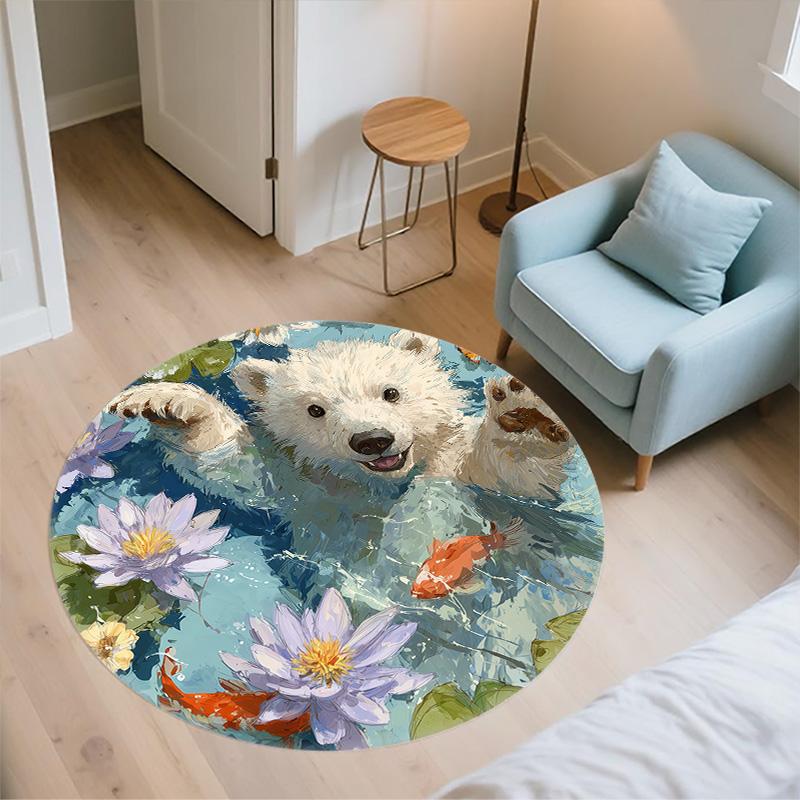Pond Lotus Animals,Round Area Rug,Carpet Rug for Living Room Bedroom Sofa Playroom Decor,Non-slip Floor Mat