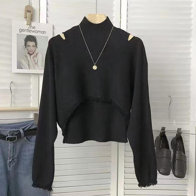 

Жіночий комплект із двох предметів із довгими рукавами з необробленими краями та в’язаний светр із напівводолазкою One size чорний